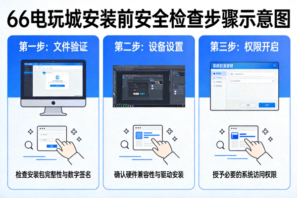 66电玩城安装前安全检查步骤示意图，包括文件验证、设备设置和权限开启
