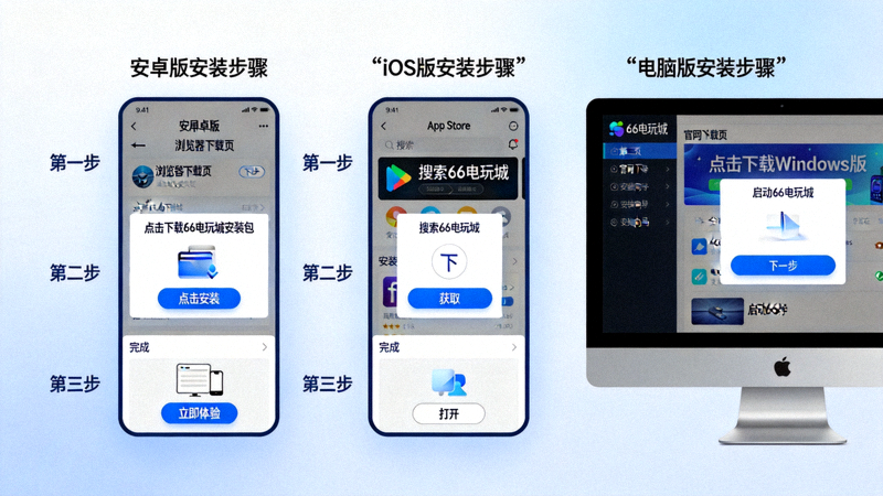66电玩城安装过程详细步骤截图，包括安卓、iOS和电脑版的安装界面