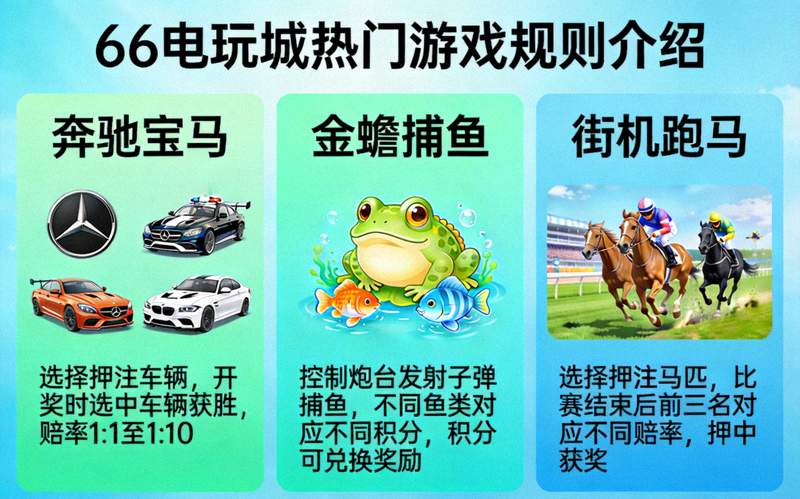66电玩城热门游戏规则介绍图，包括奔驰宝马、金蟾捕鱼和街机跑马的玩法说明