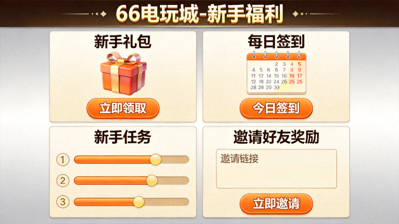 66电玩城新手福利领取界面截图，包括新手礼包、每日签到、新手任务和邀请好友奖励
