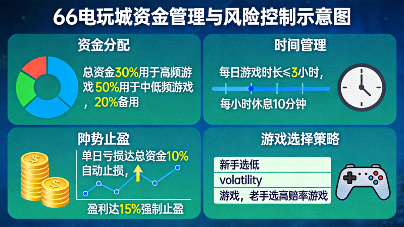 66电玩城资金管理与风险控制示意图，包括资金分配、止损止盈、时间管理和游戏选择策略